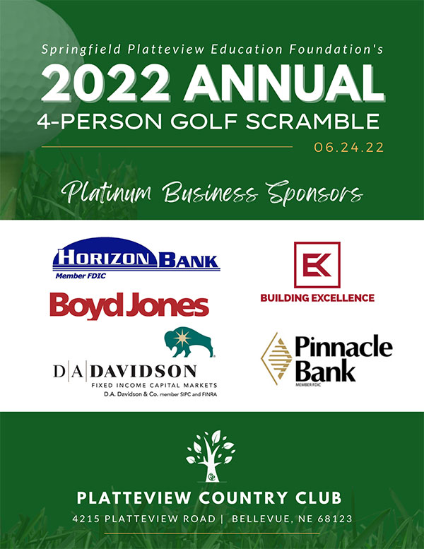 2022 Annual 4-person golf scramble on Friday, June 24 at Platteview Country Club, 4215 Platteview Road, Bellevue, NE 68123. The event begins at 9:00 a.m. with a shotgun start.