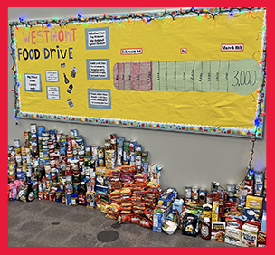Cans, bags, and boxes of food raised by the Westmont food drive