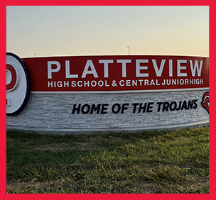 Sign outside the Platteview High School and Central Jr. High School